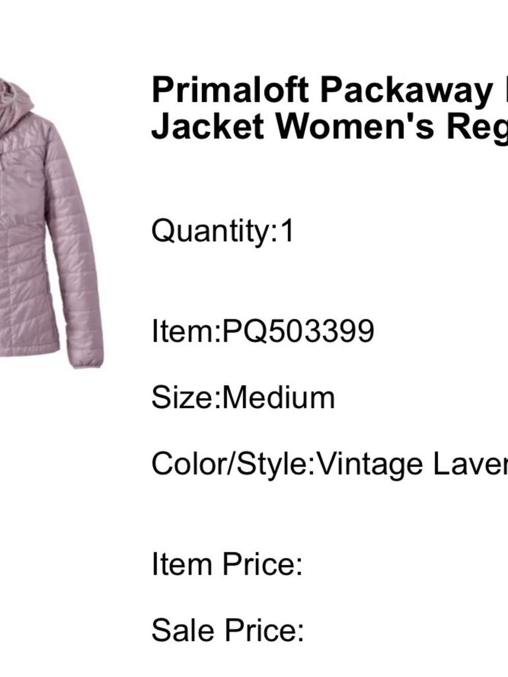 L.L. Bean Women's Primaloft Packaway hooded Puffer Jacket - vintage Lavender - M
